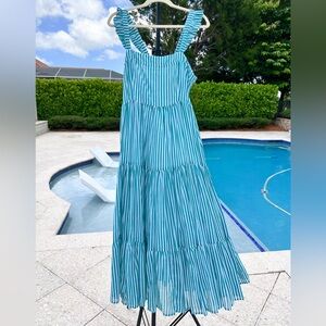 💚NWT Oliphant sleeveless long tiered striped dress in playa green & white L